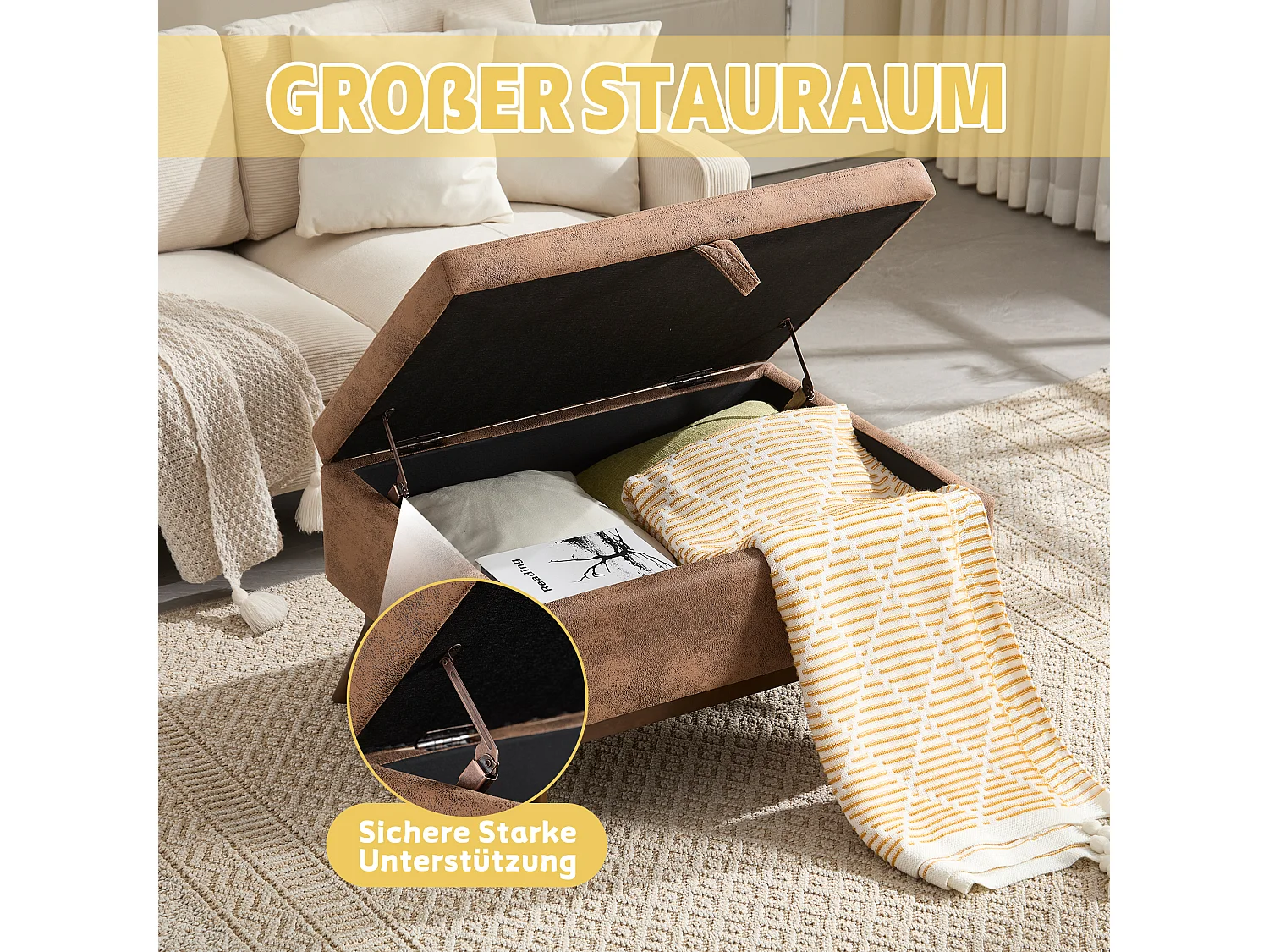 Table basse multifonction design années 50, tissu microfibre, marron, avec rangement (80x59x45cm)