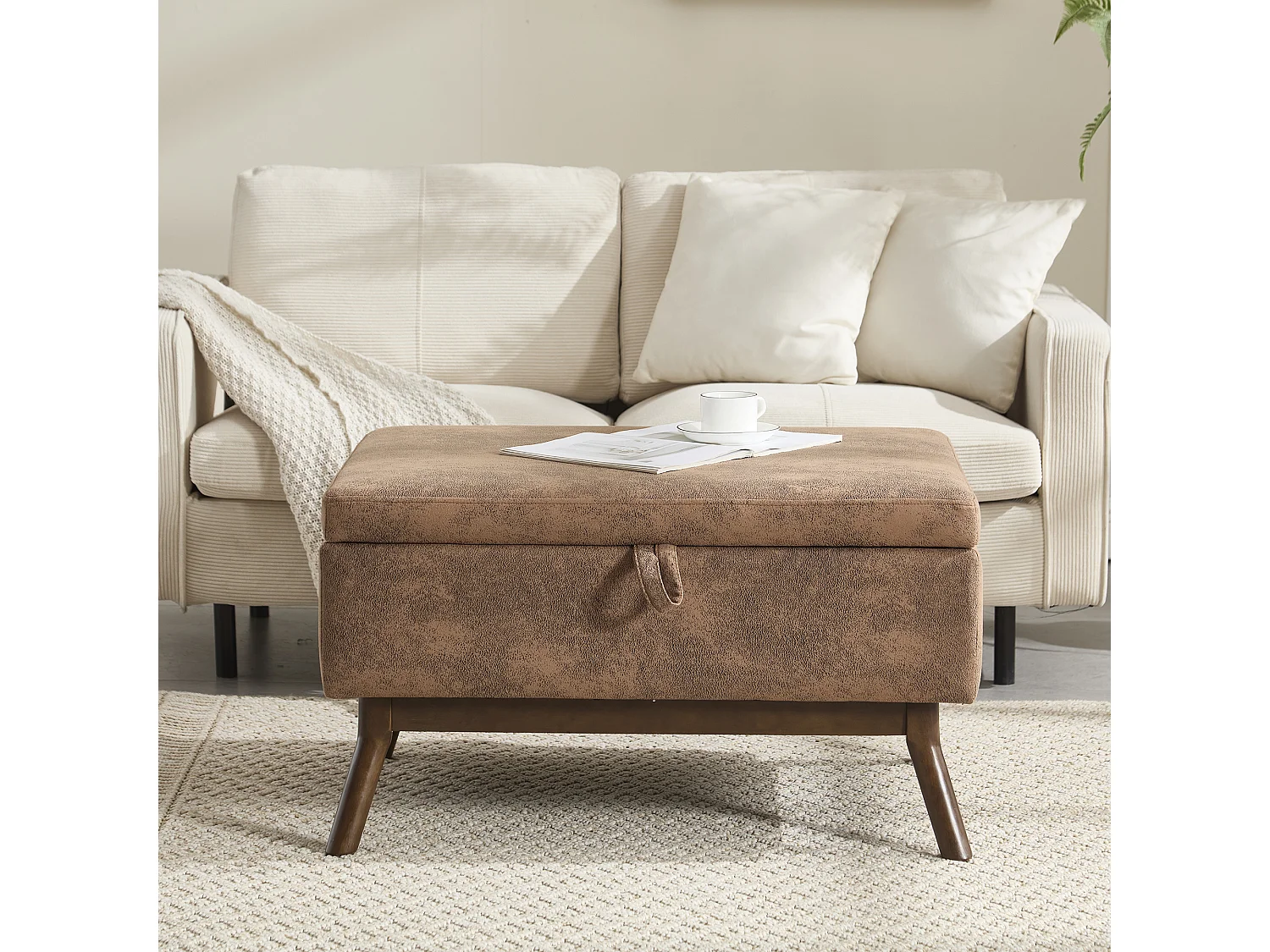 Table basse multifonction design années 50, tissu microfibre, marron, avec rangement (80x59x45cm)