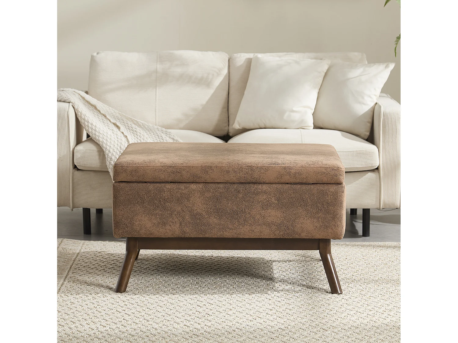 Table basse multifonction design années 50, tissu microfibre, marron, avec rangement (80x59x45cm)