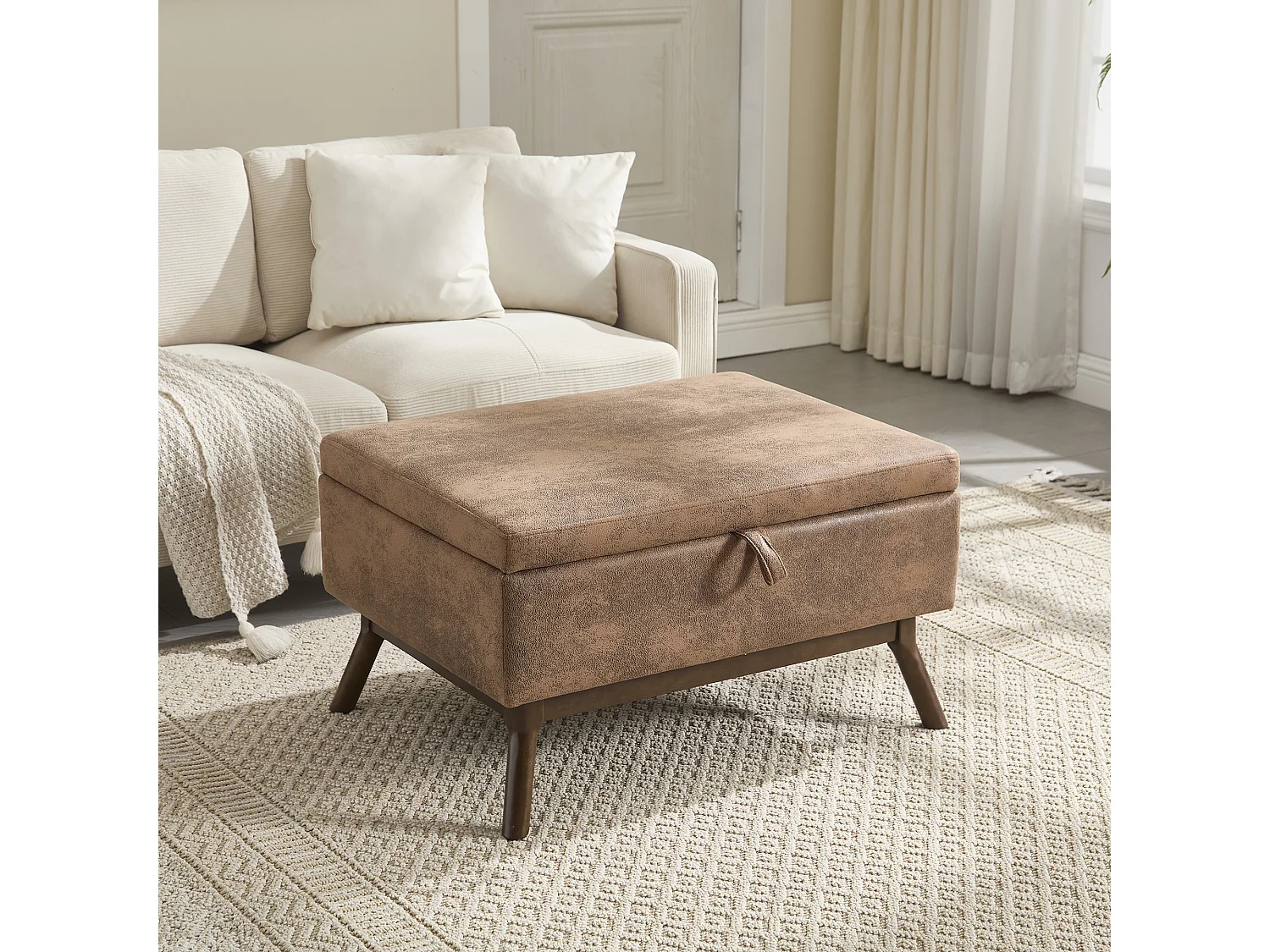 Table basse multifonction design années 50, tissu microfibre, marron, avec rangement (80x59x45cm)