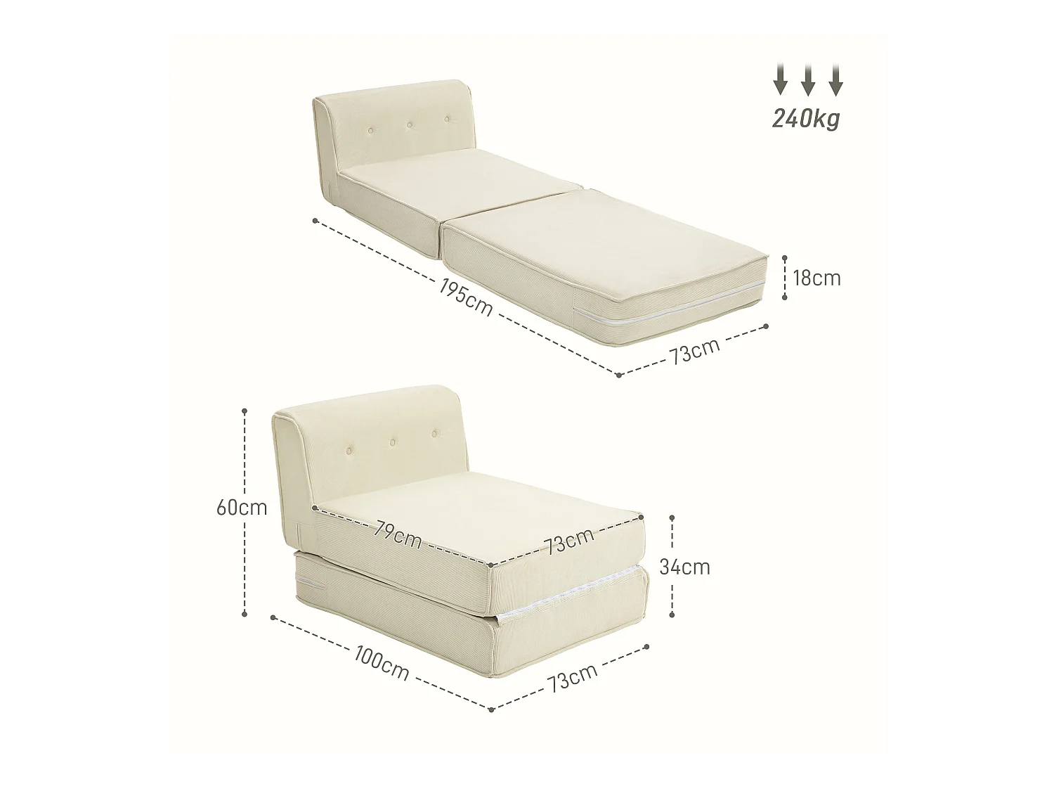 2-in-1 opvouwbare slaapbank, modern design, polyester, crèmewit, met corduroy bekleding (100x73x60 cm)