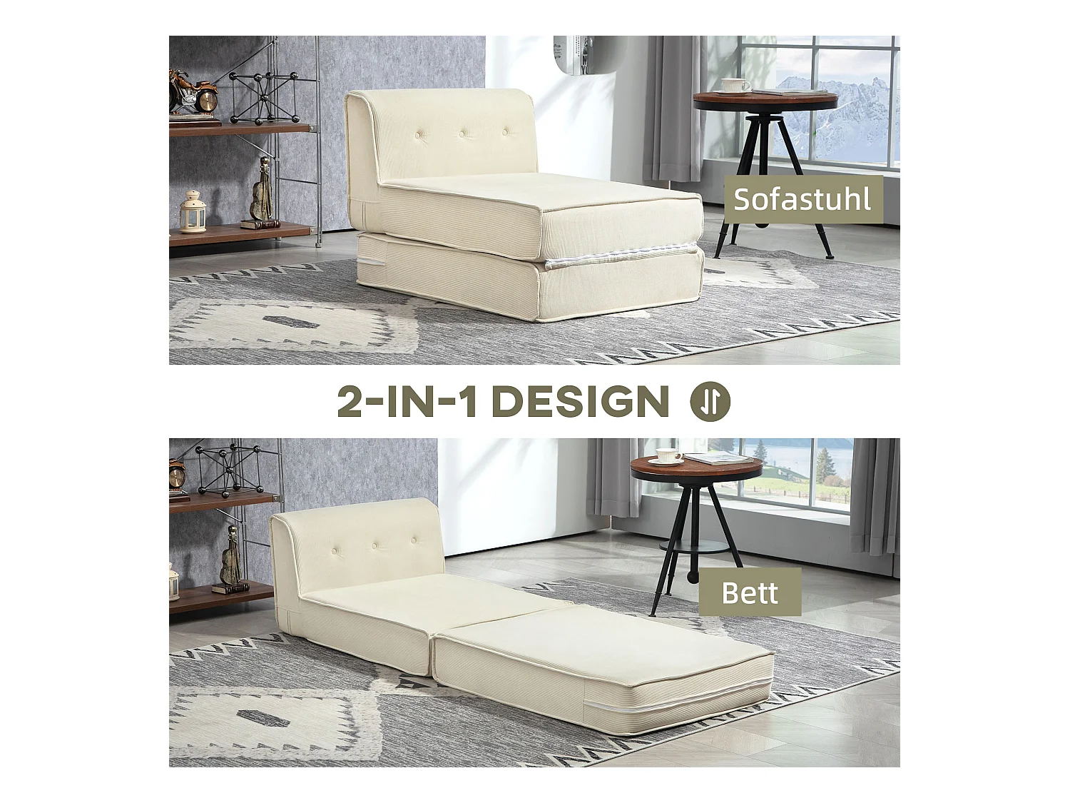 2-in-1 opvouwbare slaapbank, modern design, polyester, crèmewit, met corduroy bekleding (100x73x60 cm)