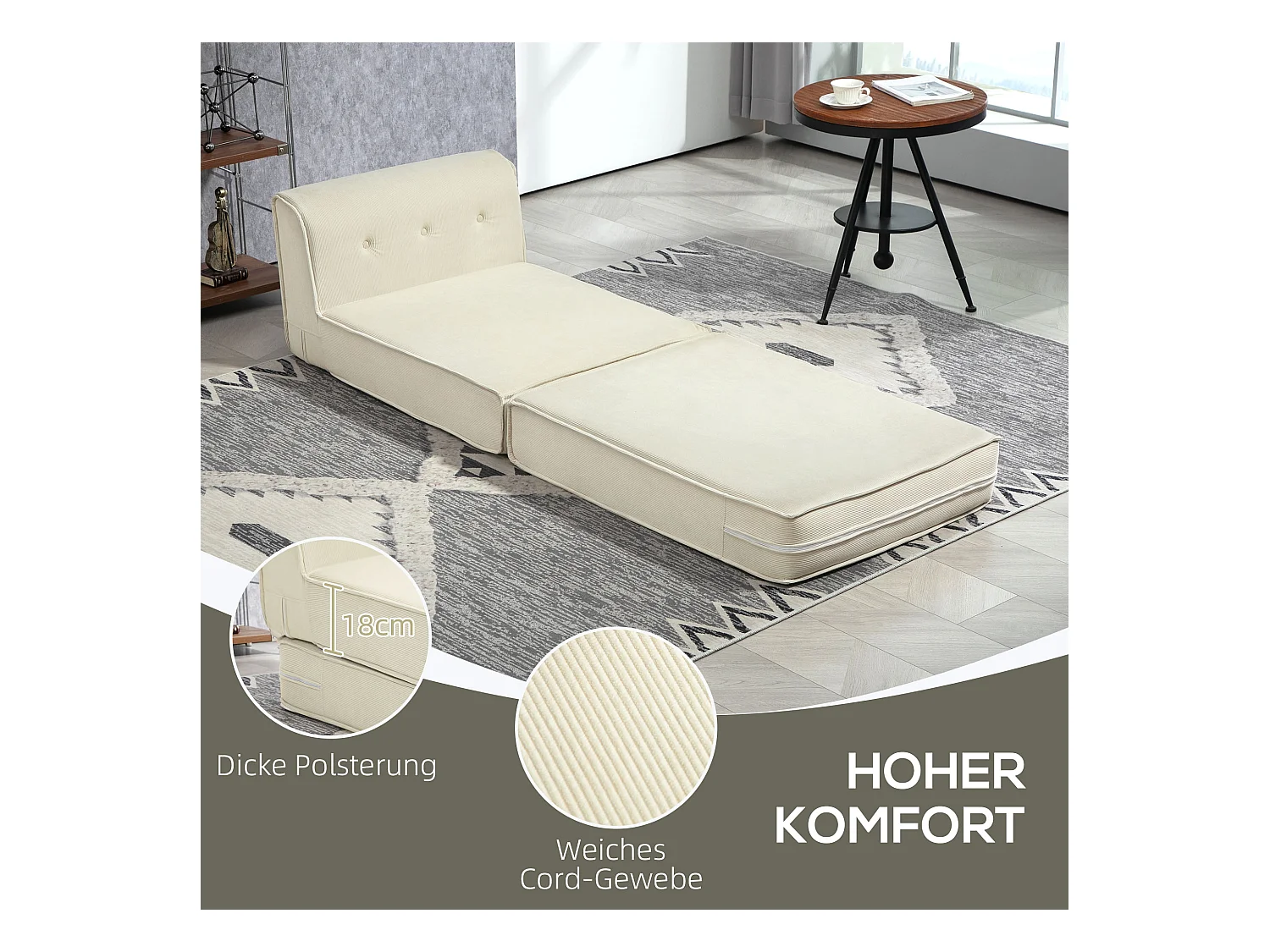 2-in-1 opvouwbare slaapbank, modern design, polyester, crèmewit, met corduroy bekleding (100x73x60 cm)