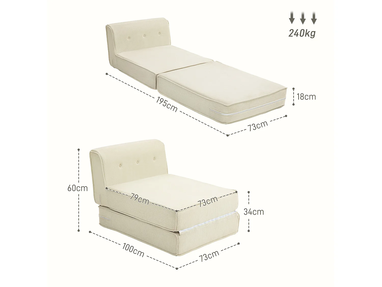 2-in-1 opvouwbare slaapbank, modern design, polyester, crèmewit, met corduroy bekleding (100x73x60 cm)