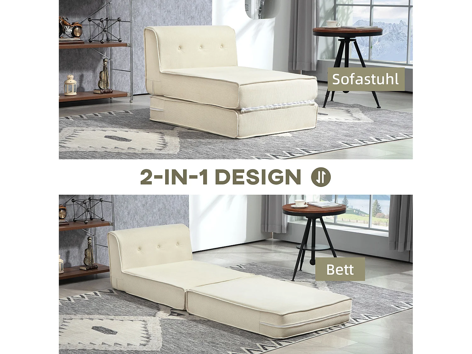 2-in-1 opvouwbare slaapbank, modern design, polyester, crèmewit, met corduroy bekleding (100x73x60 cm)