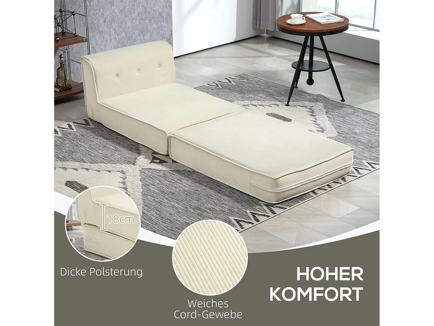 2-in-1 opvouwbare slaapbank, modern design, polyester, crèmewit, met corduroy bekleding (100x73x60 cm)