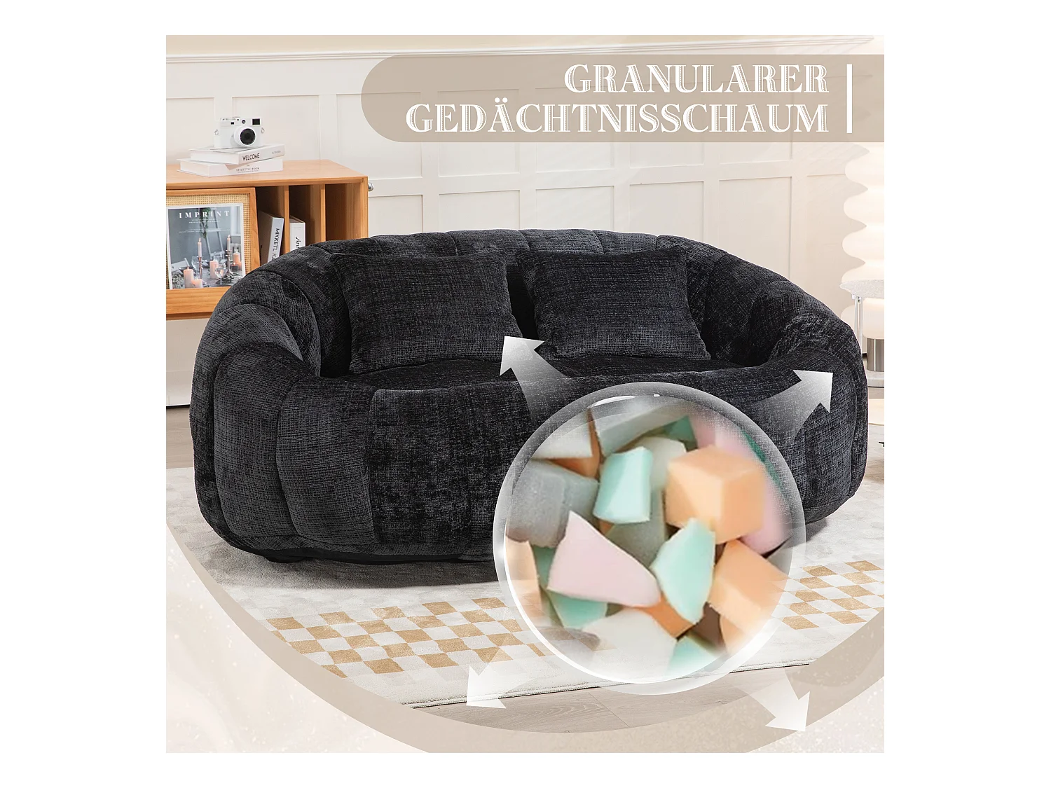 Canapé sac de billes confortable, design ergonomique, chenille noir, avec dossier haut (150x95x63cm)