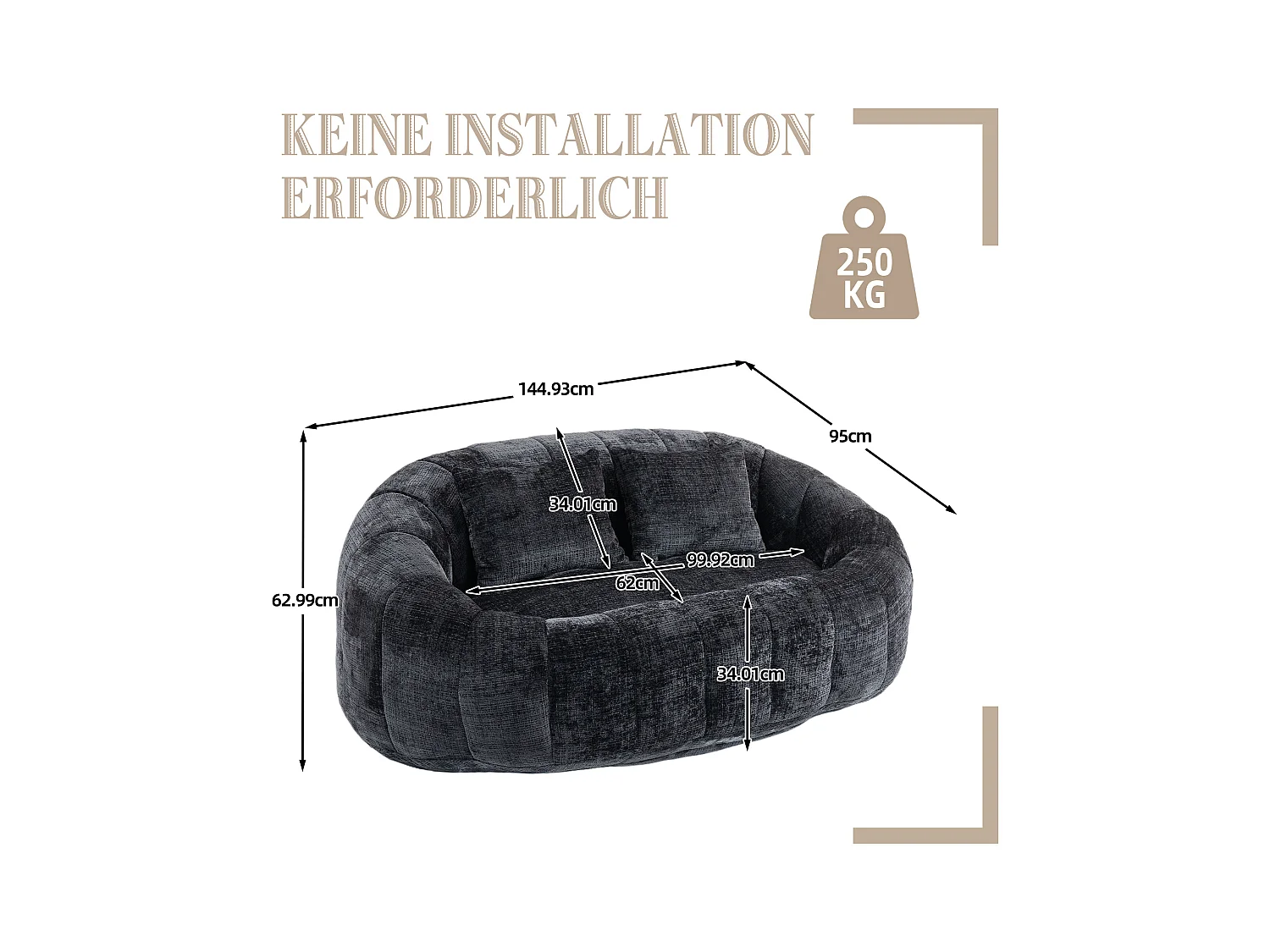 Canapé sac de billes confortable, design ergonomique, chenille noir, avec dossier haut (150x95x63cm)