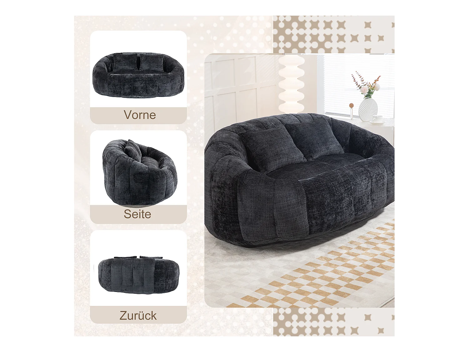 Cómodo sofá puf, diseño ergonómico, chenilla negra, con respaldo alto (150x95x63cm)