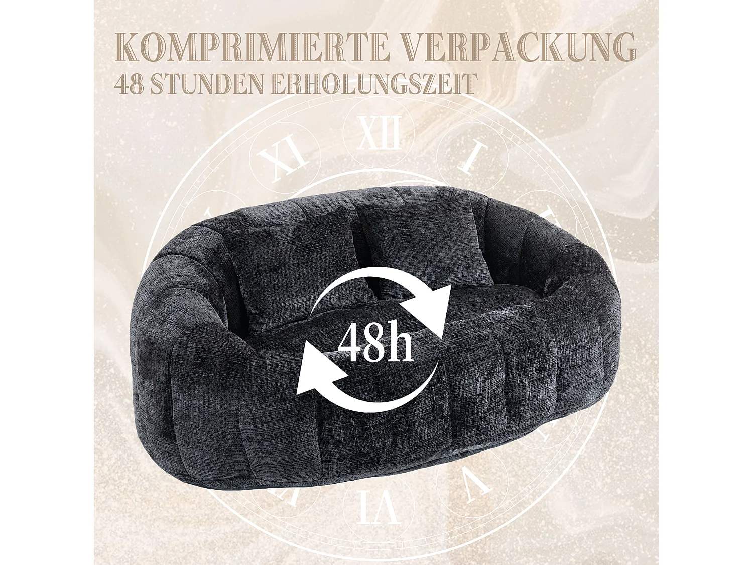 Canapé sac de billes confortable, design ergonomique, chenille noir, avec dossier haut (150x95x63cm)