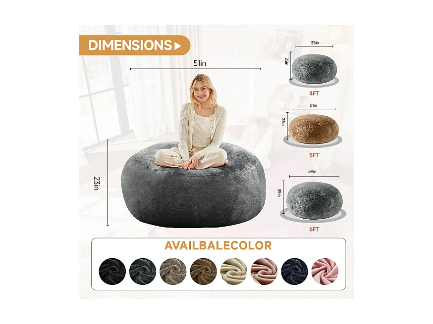 Puff gigante de espuma, asiento cómodo y adaptable para salón o dormitorio, gris oscuro (90x90x50cm)