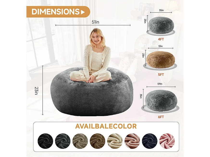 Pouf géant en mousse, siège confortable et adaptable pour salon ou chambre, gris foncé (90x90x50cm)