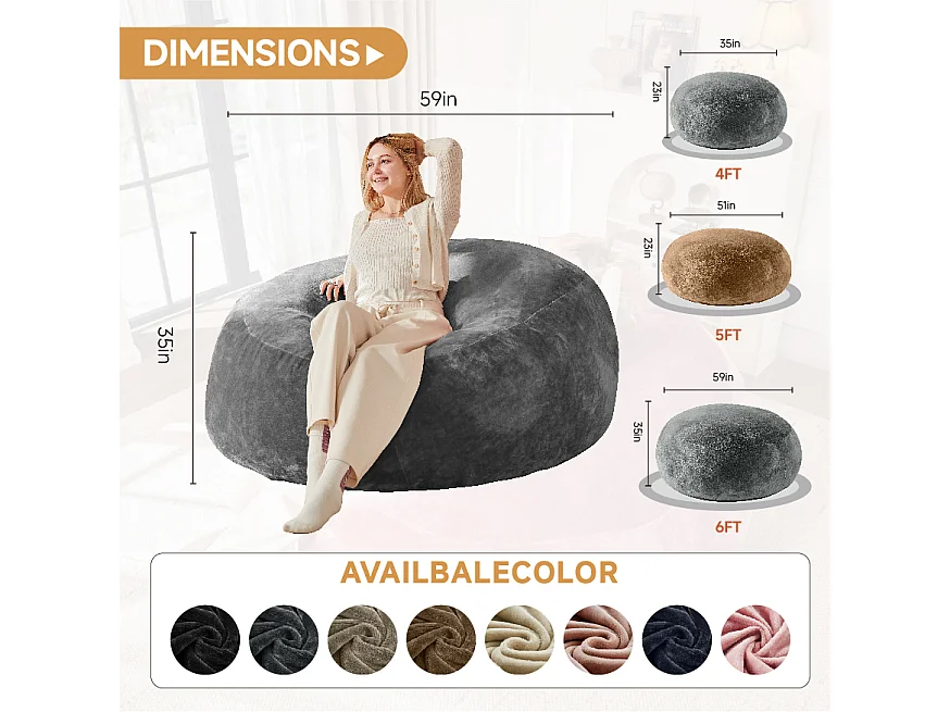 Pouf géant en mousse, siège confortable et adaptable pour salon ou chambre, gris foncé (90x90x50cm)