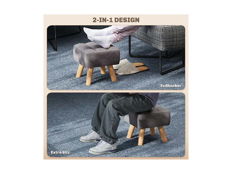 Tabouret de salon avec piètement en bois, design moderne, polyester effet lin, gris (27x27x26 cm)