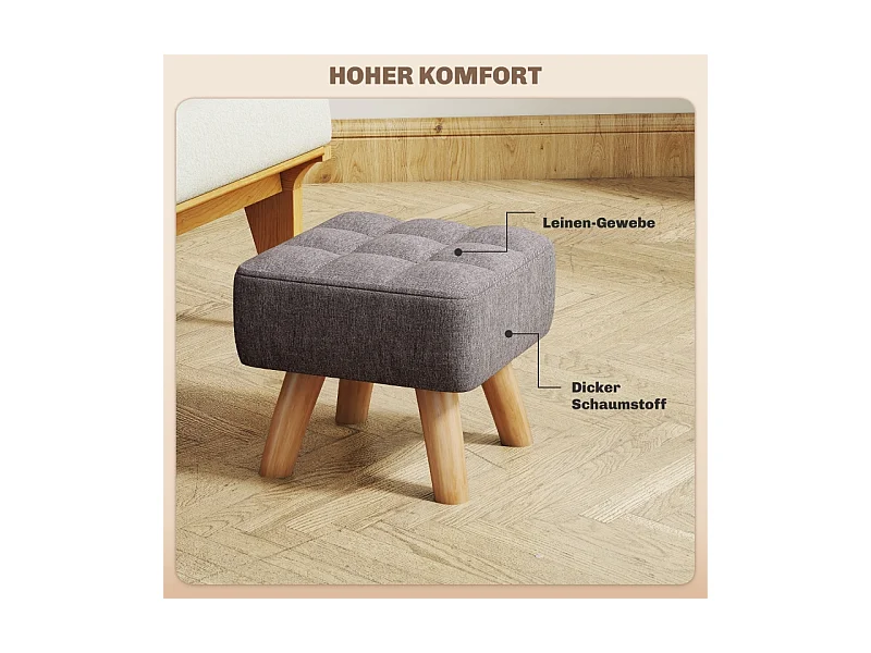 Tabouret de salon avec piètement en bois, design moderne, polyester effet lin, gris (27x27x26 cm)