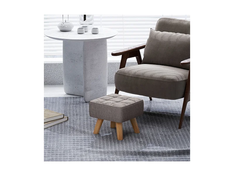 Tabouret de salon avec piètement en bois, design moderne, polyester effet lin, gris (27x27x26 cm)