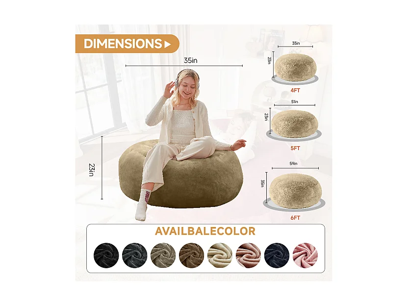 Sacs de siège géant, design ergonomique et ultra-confortable, mousse, abricot (150x150x60cm)