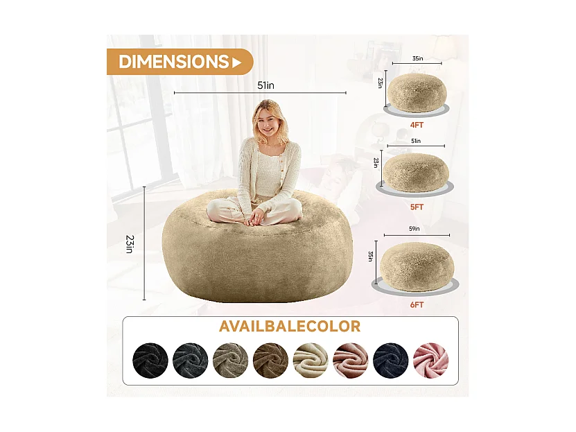 Sacs de siège géant, design ergonomique et ultra-confortable, mousse, abricot (150x150x60cm)