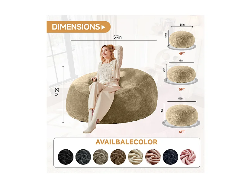 Sacs de siège géant, design ergonomique et ultra-confortable, mousse, abricot (150x150x60cm)