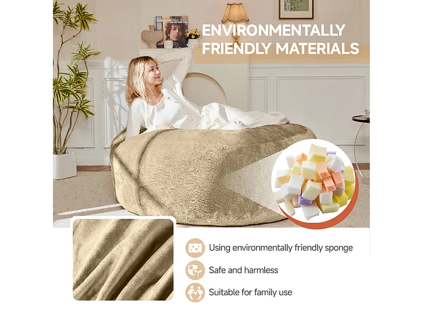 Sacs de siège géant, design ergonomique et ultra-confortable, mousse, abricot (150x150x60cm)