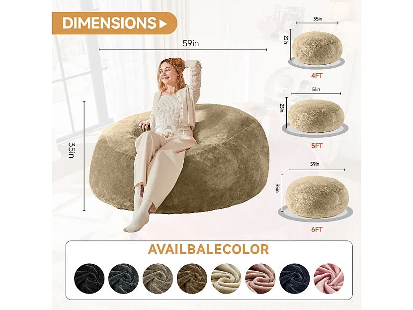 Sacs de siège géant, design ergonomique et ultra-confortable, mousse, abricot (150x150x60cm)