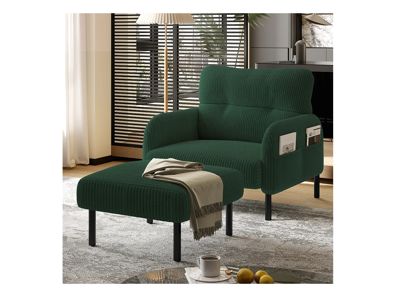 Sgabello in velluto a coste di alta qualità, design contemporaneo, metallo e schiuma, smeraldo (60x56x18 cm)