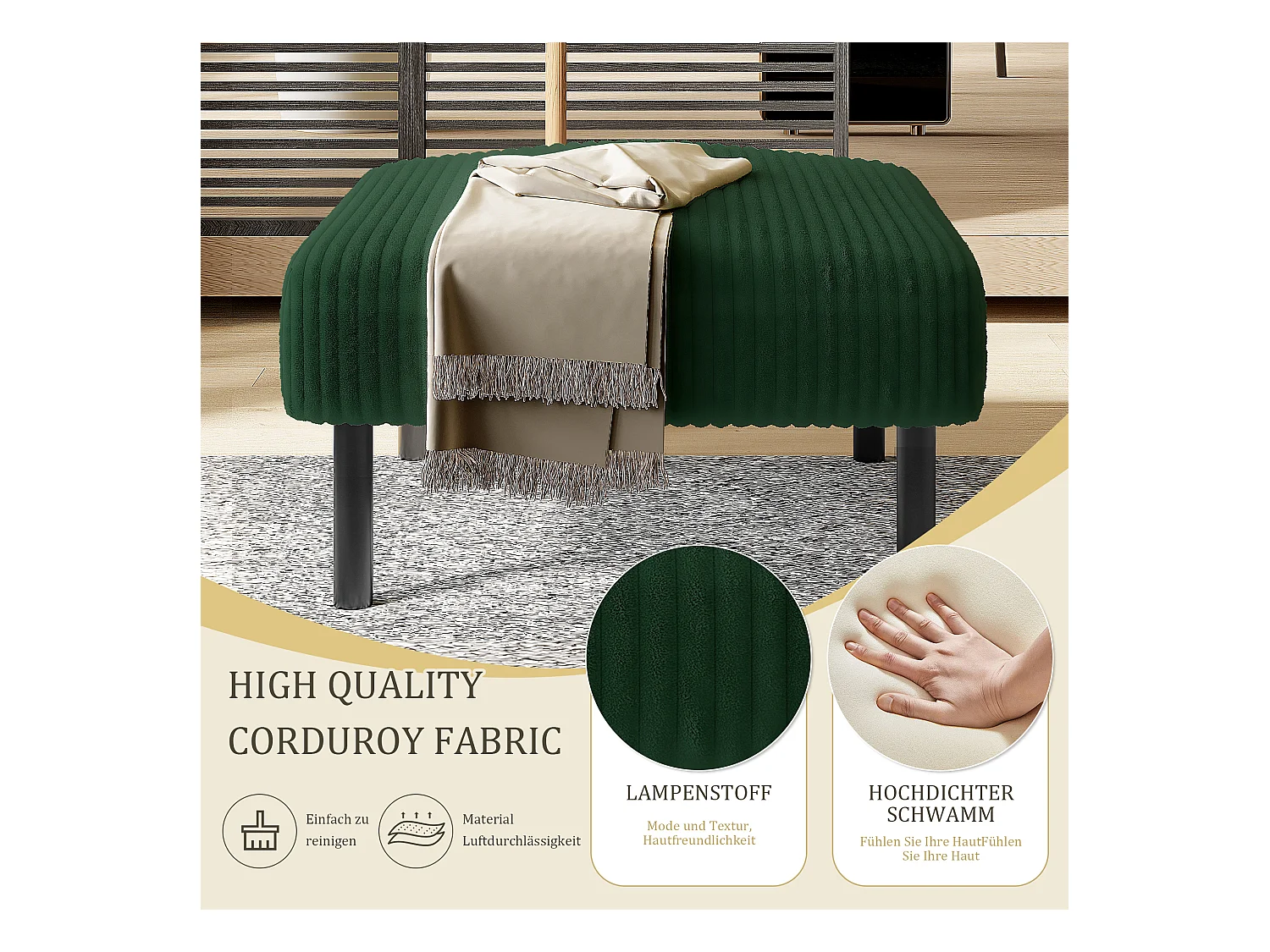Tabouret en velours côtelé premium, design contemporain, métal et mousse, émeraude (60x56x18 cm)