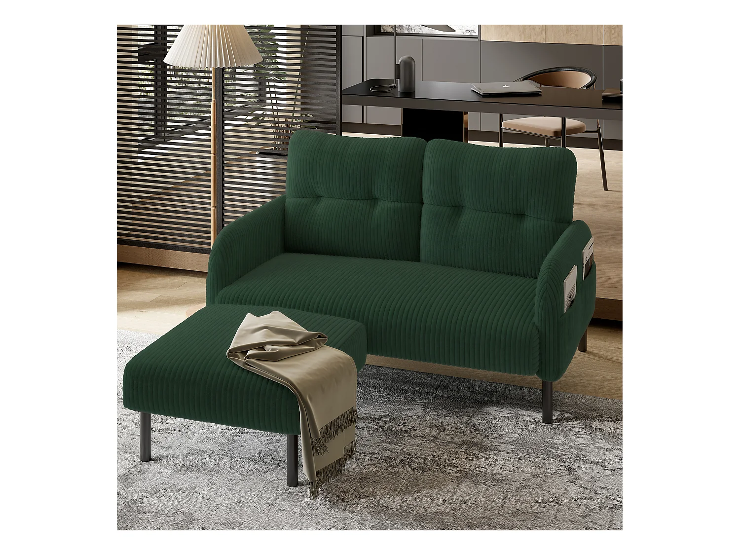 Tabouret en velours côtelé premium, design contemporain, métal et mousse, émeraude (60x56x18 cm)