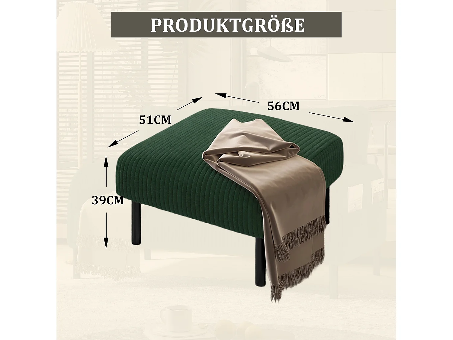 Tabouret en velours côtelé premium, design contemporain, métal et mousse, émeraude (60x56x18 cm)