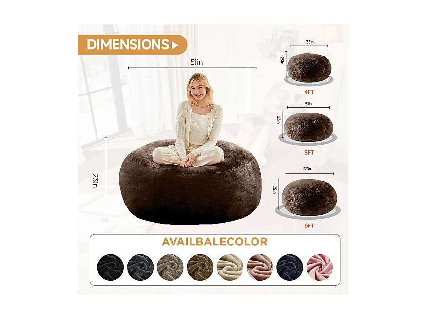 Sacs de siège géant ultra-confortable, rembourrage en mousse, marron (120x120x60cm)