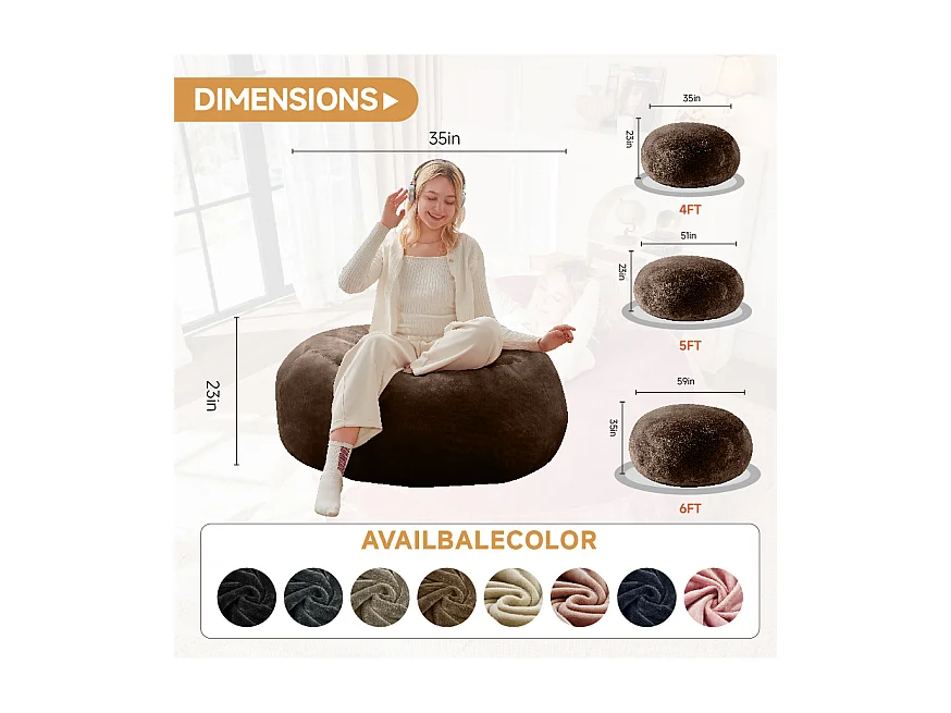 Sacs de siège géant ultra-confortable, rembourrage en mousse, marron (120x120x60cm)