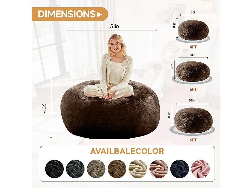 Sacs de siège géant ultra-confortable, rembourrage en mousse, marron (120x120x60cm)