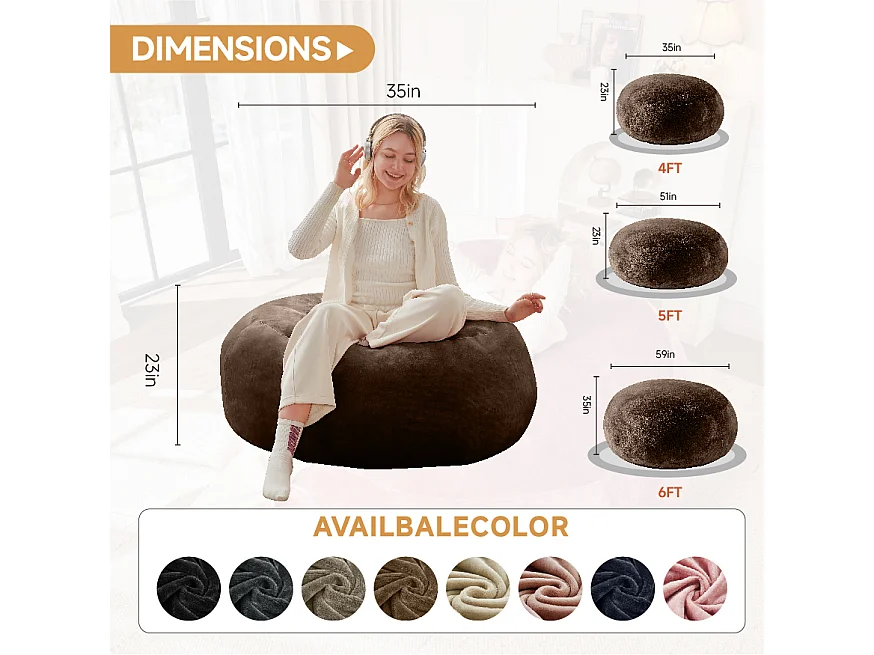 Sacs de siège géant ultra-confortable, rembourrage en mousse, marron (120x120x60cm)