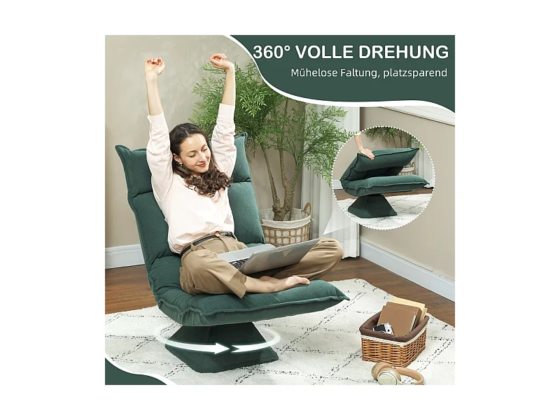 Fauteuil pivotant à 360° avec dossier réglable 5 positions, polyester rembourré, vert (70x62x95cm)