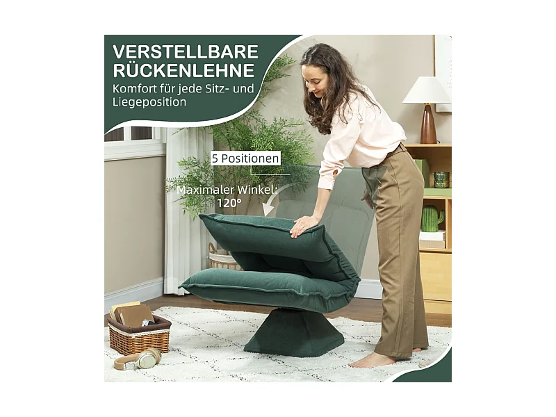 Fauteuil pivotant à 360° avec dossier réglable 5 positions, polyester rembourré, vert (70x62x95cm)