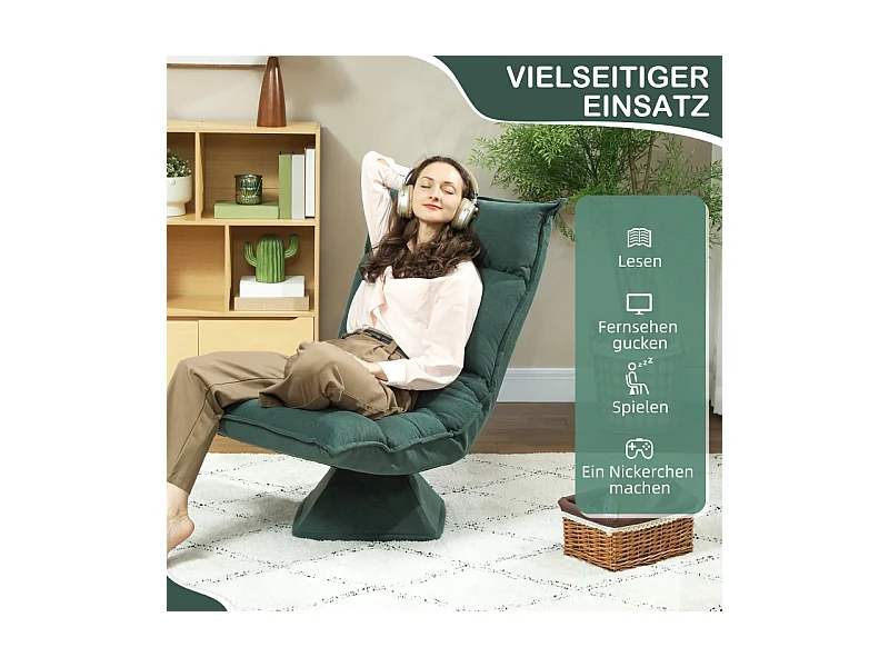 Fauteuil pivotant à 360° avec dossier réglable 5 positions, polyester rembourré, vert (70x62x95cm)