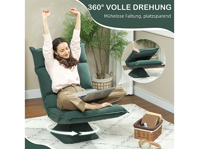 360° draaibare fauteuil met 5-positie verstelbare rugleuning, gewatteerd polyester, groen (70x62x95cm)
