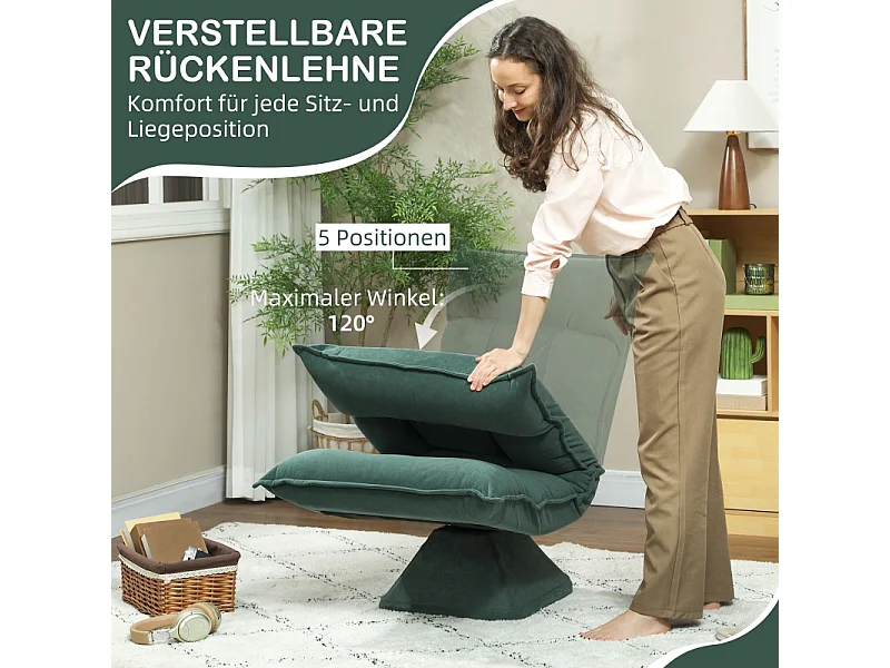 360° draaibare fauteuil met 5-positie verstelbare rugleuning, gewatteerd polyester, groen (70x62x95cm)