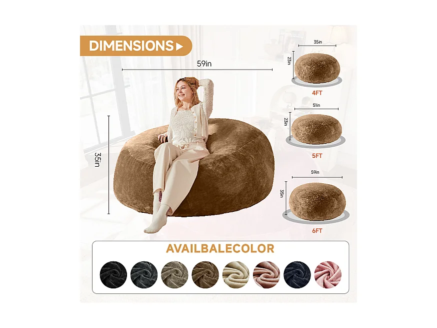 Sacs de siège géant ultra-confortable, mousse, couleur café (150x150x60 cm)