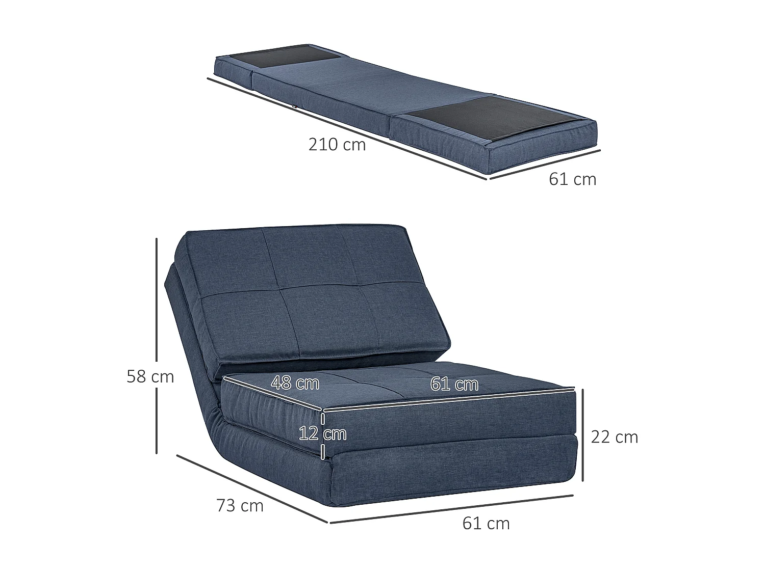 Canapé convertible 5 positions, design modulable, polyester, bleu foncé (61x73x58 cm)