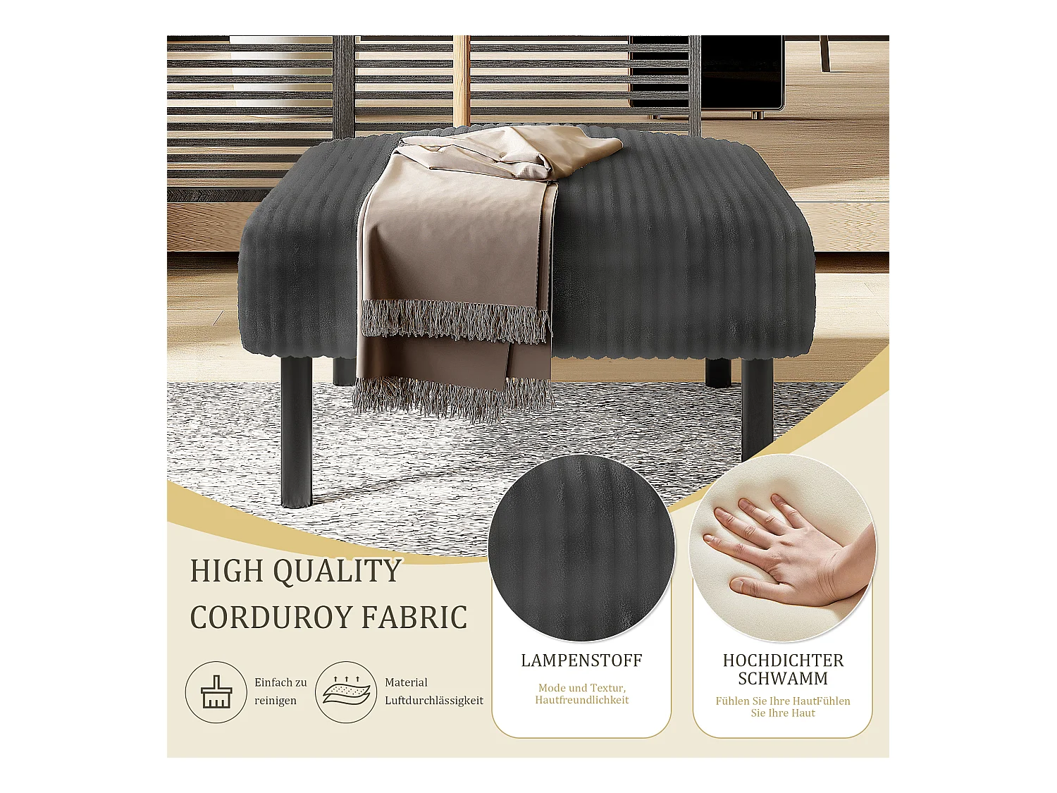 Tabouret design en velours côtelé, ultra-doux avec structure métallique, gris (60x56x18 cm)