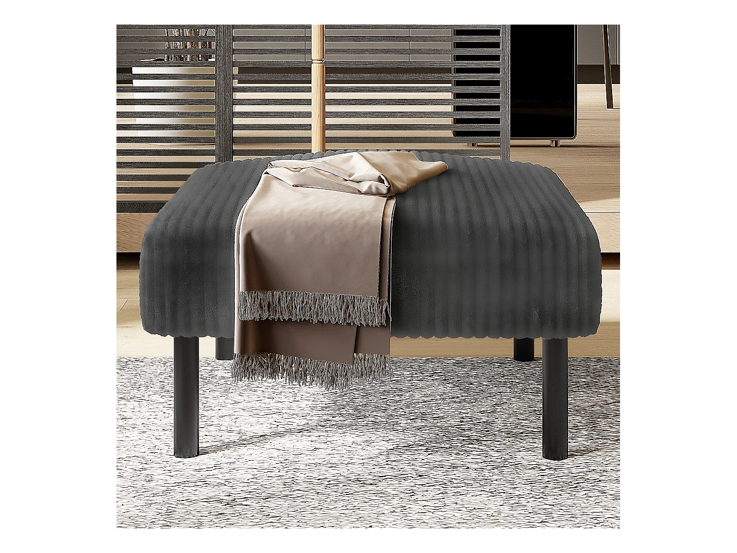 Tabouret design en velours côtelé, ultra-doux avec structure métallique, gris (60x56x18 cm)
