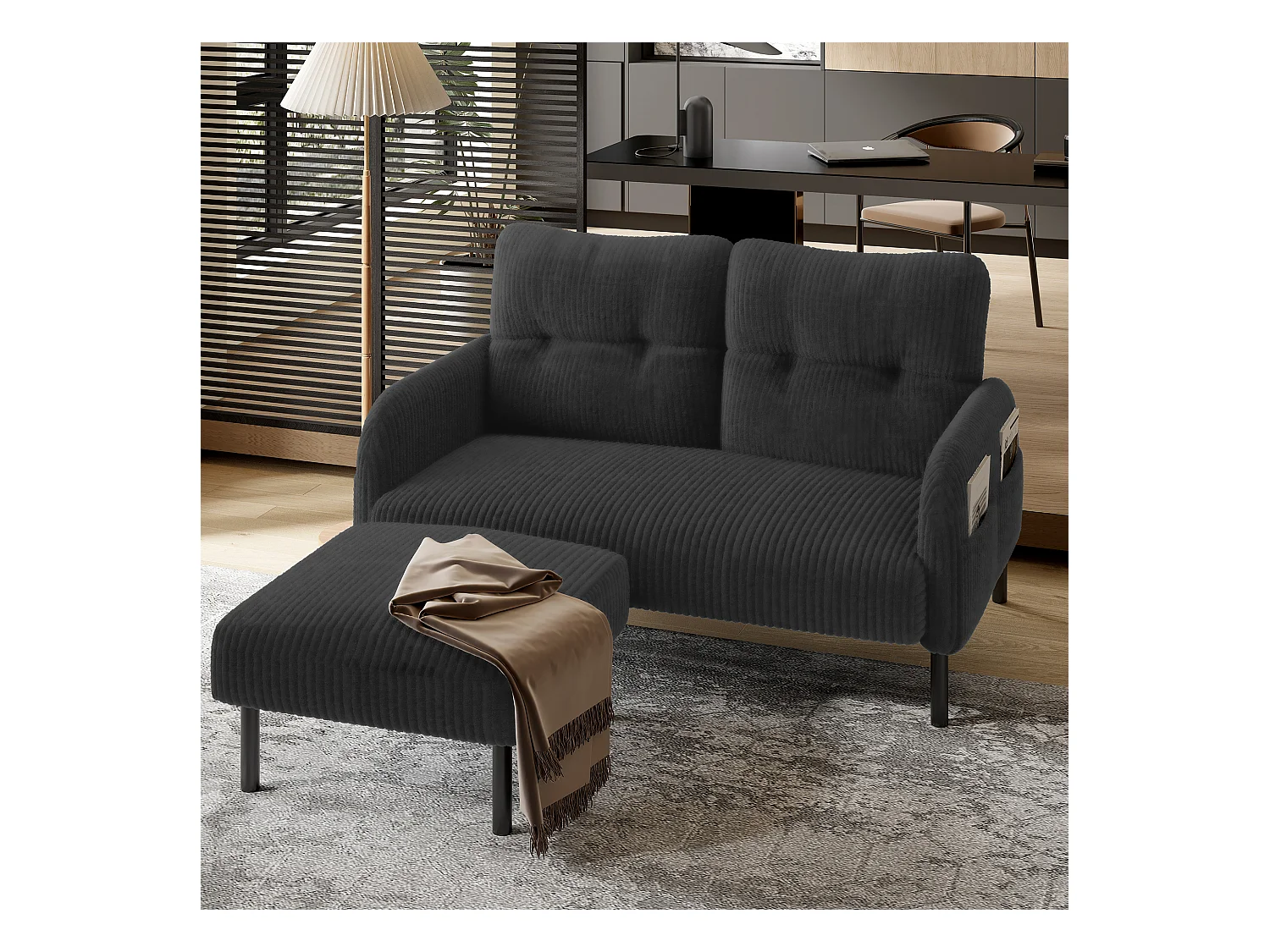 Tabouret design en velours côtelé, ultra-doux avec structure métallique, gris (60x56x18 cm)