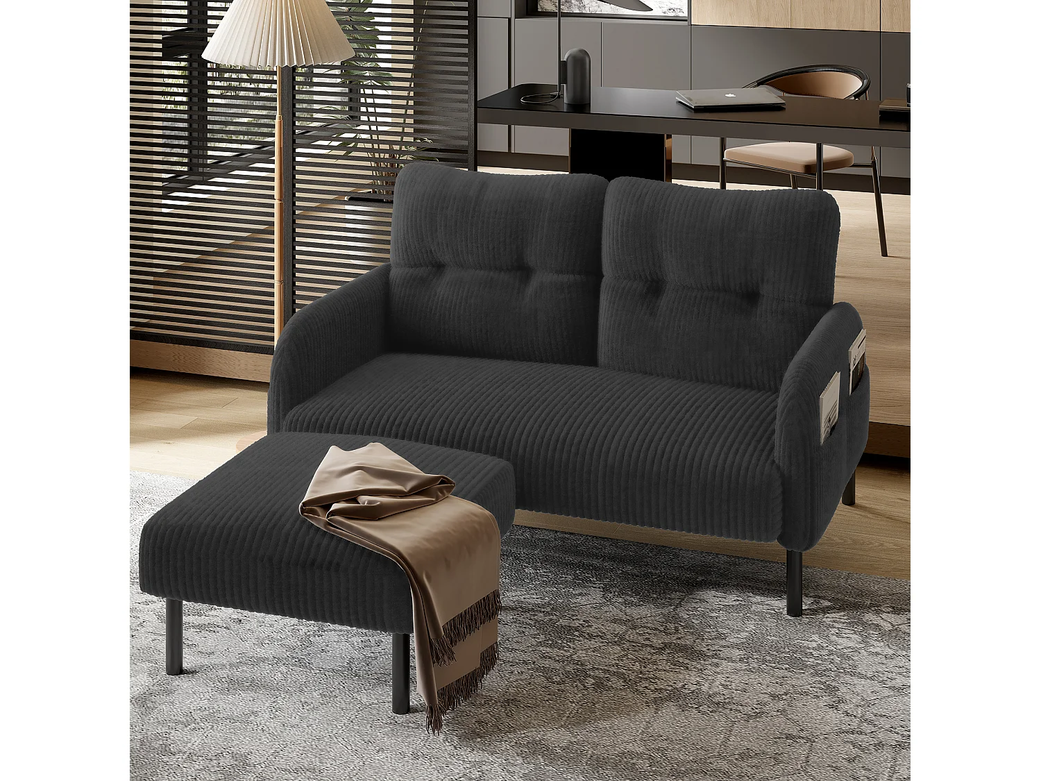 Tabouret design en velours côtelé, ultra-doux avec structure métallique, gris (60x56x18 cm)