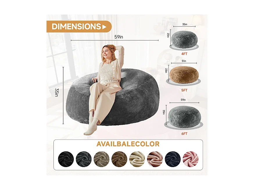 Sacs de siège géant pour adulte, ultra-confortable et ergonomique, mousse, gris foncé (120x120x60cm)