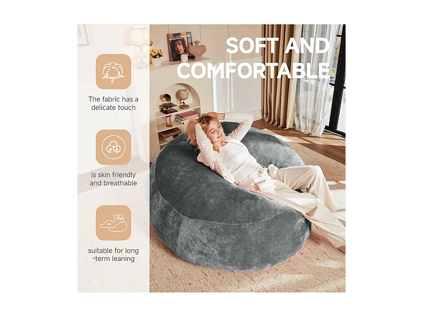 Sacs de siège géant pour adulte, ultra-confortable et ergonomique, mousse, gris foncé (120x120x60cm)