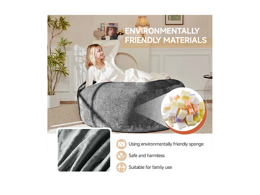 Sacs de siège géant pour adulte, ultra-confortable et ergonomique, mousse, gris foncé (120x120x60cm)