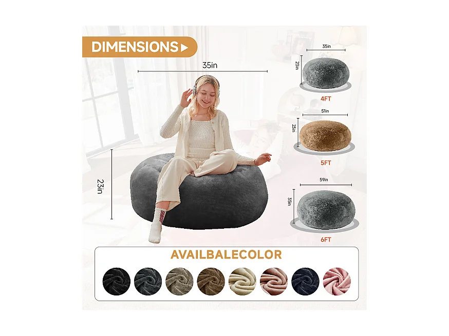 Sacs de siège géant pour adulte, ultra-confortable et ergonomique, mousse, gris foncé (120x120x60cm)