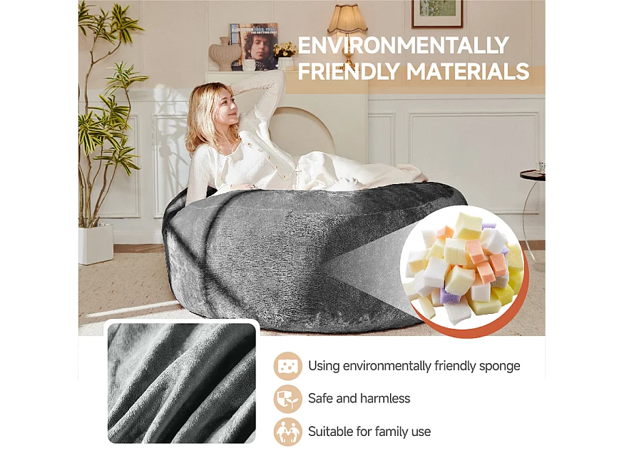Sacs de siège géant pour adulte, ultra-confortable et ergonomique, mousse, gris foncé (120x120x60cm)