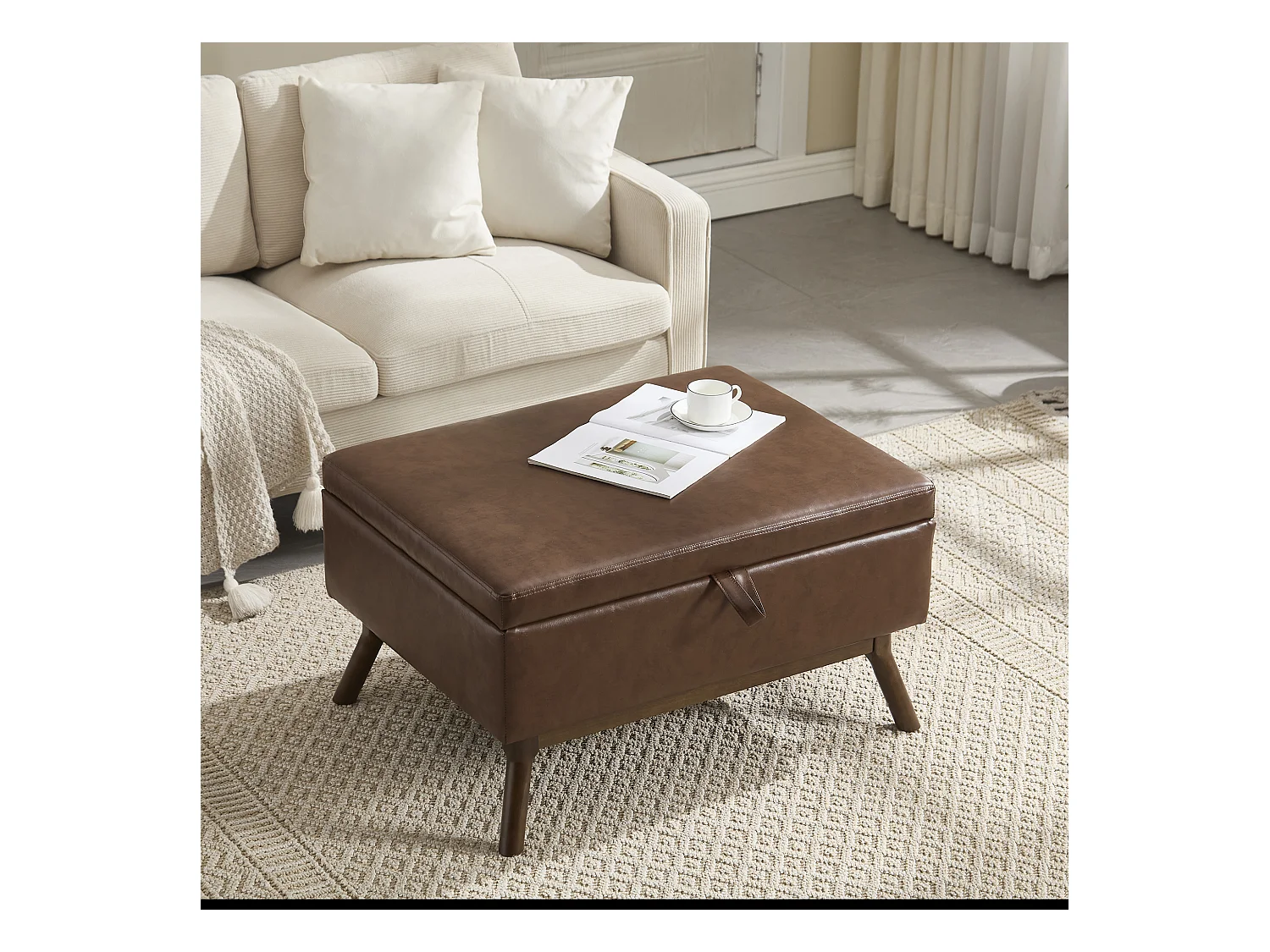 Table basique carrée multifonction, design mid-century, cuir PU, marron, avec rangement intégré (80x59x45cm)